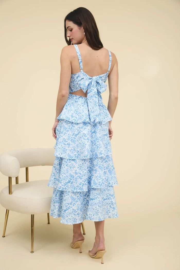 Blue floral tiered midi dress