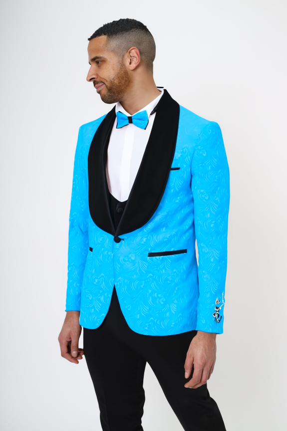 Four Piece Turquoise & Black Tuxedo Wedding Suit-Makrom