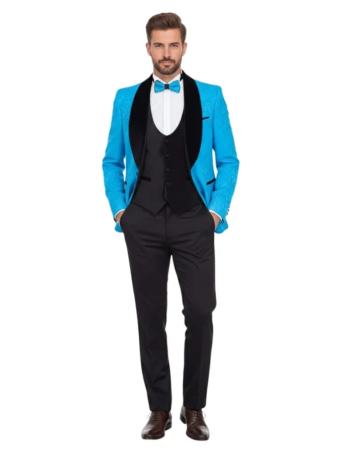 Four Piece Turquoise & Black Tuxedo Wedding Suit-Makrom