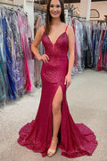 Fuchsia Sequin Mermaid Long Prom Dress with Slit