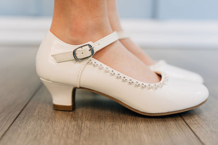 white heels for girls with strap and decorative beading