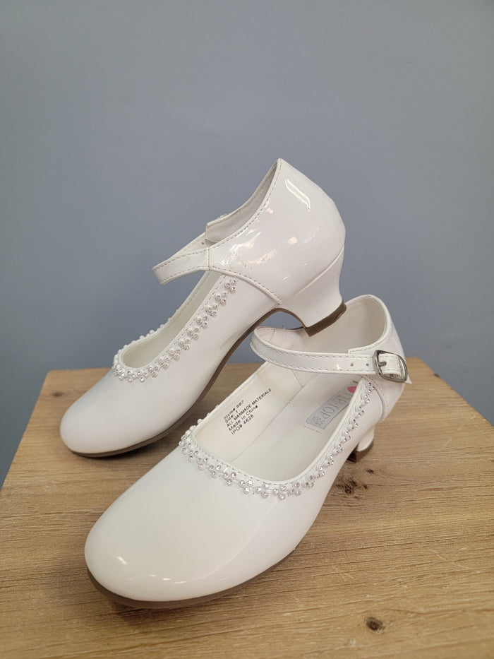 white heels for girls with strap and decorative beading