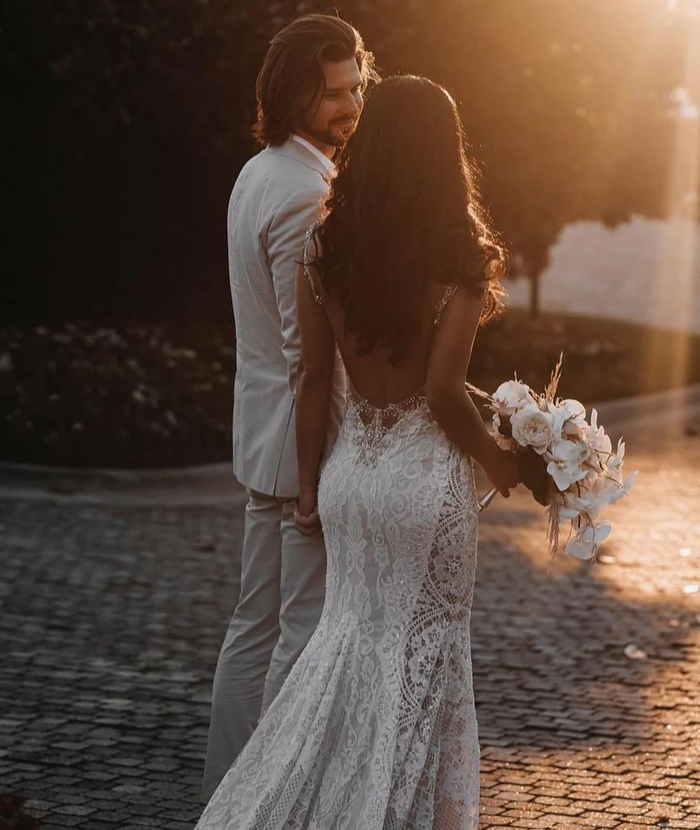 Glamorous Long Mermaid V-neck Wide Straps Appliques Lace Open Back Wedding Dress
