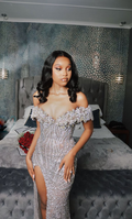 Glitter Sequins Mermaid Prom Dresses Customized Sexy Slit Evening Gown Off Shoulder Aso Ebi Rhinestones Crystals