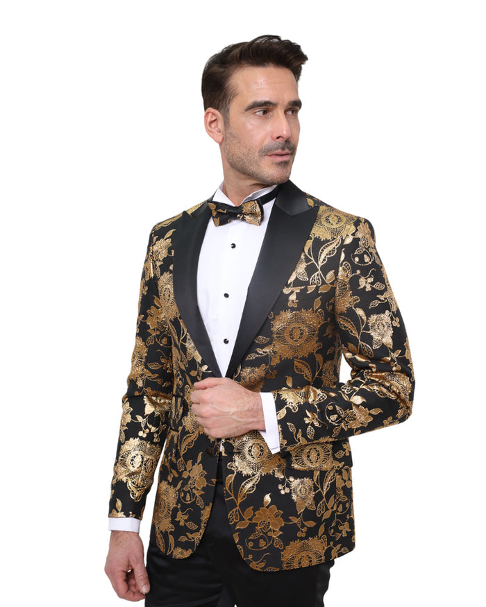 Gold & Black Floral Design Blazer with Contrasting Lapel & Matching Bow Tie-Makrom