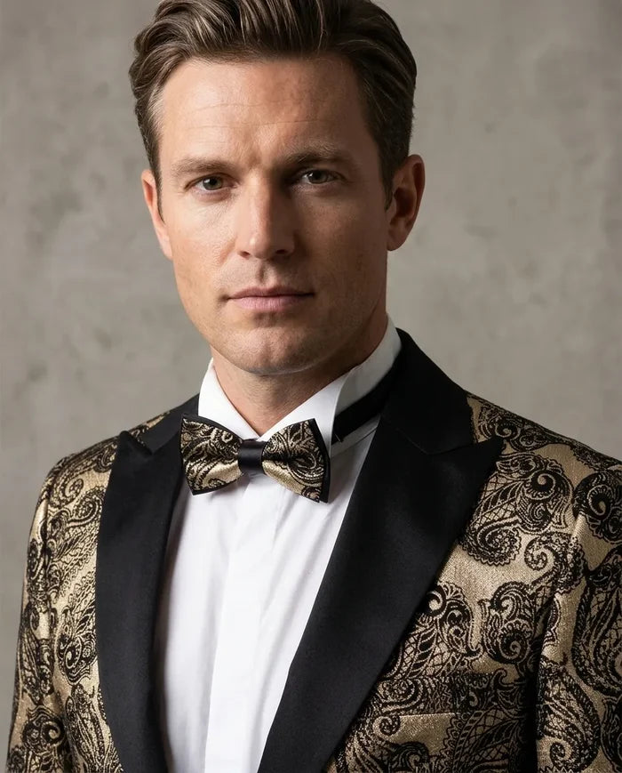 Gold & Black Paisley Velvet Design Blazer with Contrasting Lapel & Matching Bow Tie