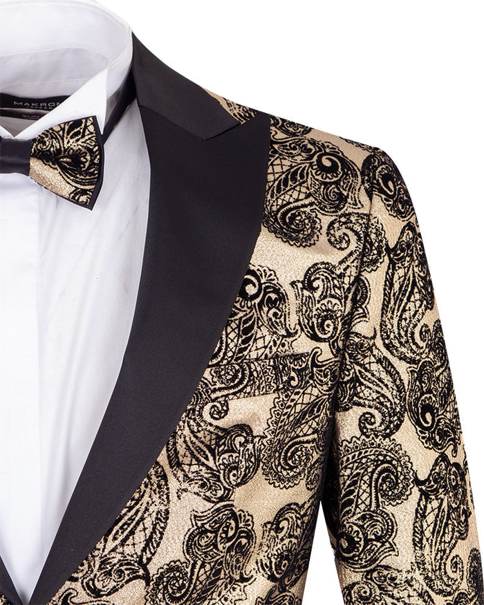 Gold & Black Paisley Velvet Design Blazer with Contrasting Lapel & Matching Bow Tie-Makrom