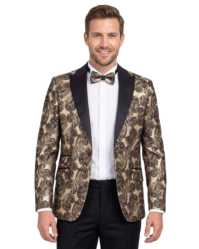 Gold & Black Paisley Velvet Design Blazer with Contrasting Lapel & Matching Bow Tie-Makrom