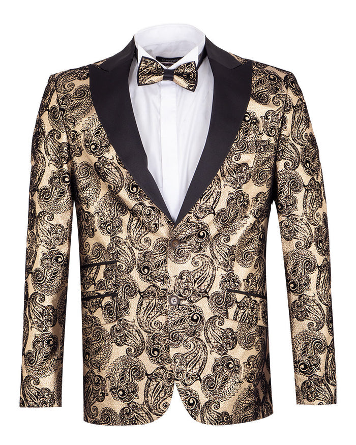 Gold & Black Paisley Velvet Design Blazer with Contrasting Lapel & Matching Bow Tie-Makrom