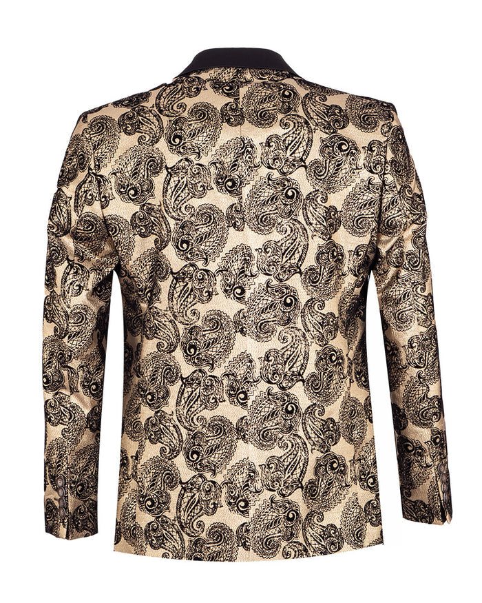 Gold & Black Paisley Velvet Design Blazer with Contrasting Lapel & Matching Bow Tie-Makrom