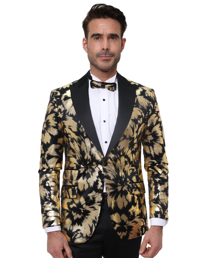 Gold Glitter Brush Print Blazer with Contrasting Lapel & Matching Bow Tie-Makrom