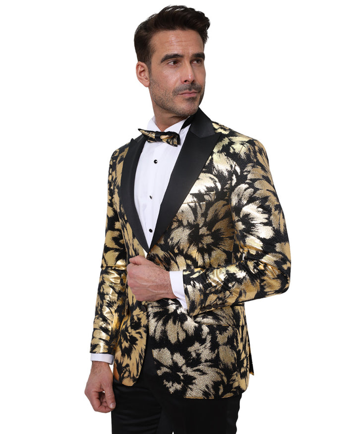 Gold Glitter Brush Print Blazer with Contrasting Lapel & Matching Bow Tie-Makrom