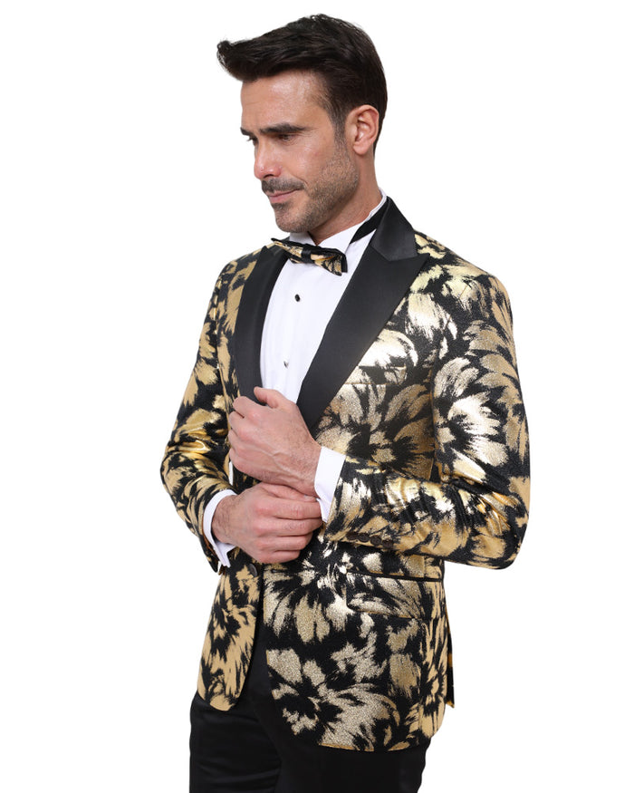Gold Glitter Brush Print Blazer with Contrasting Lapel & Matching Bow Tie-Makrom