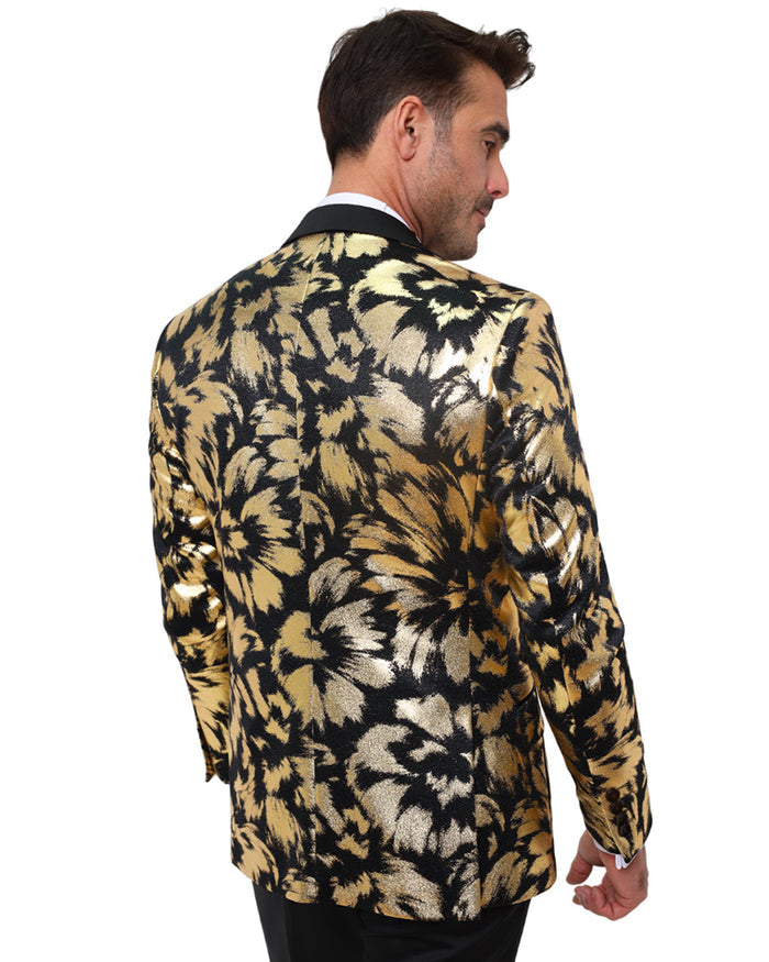Gold Glitter Brush Print Blazer with Contrasting Lapel & Matching Bow Tie-Makrom