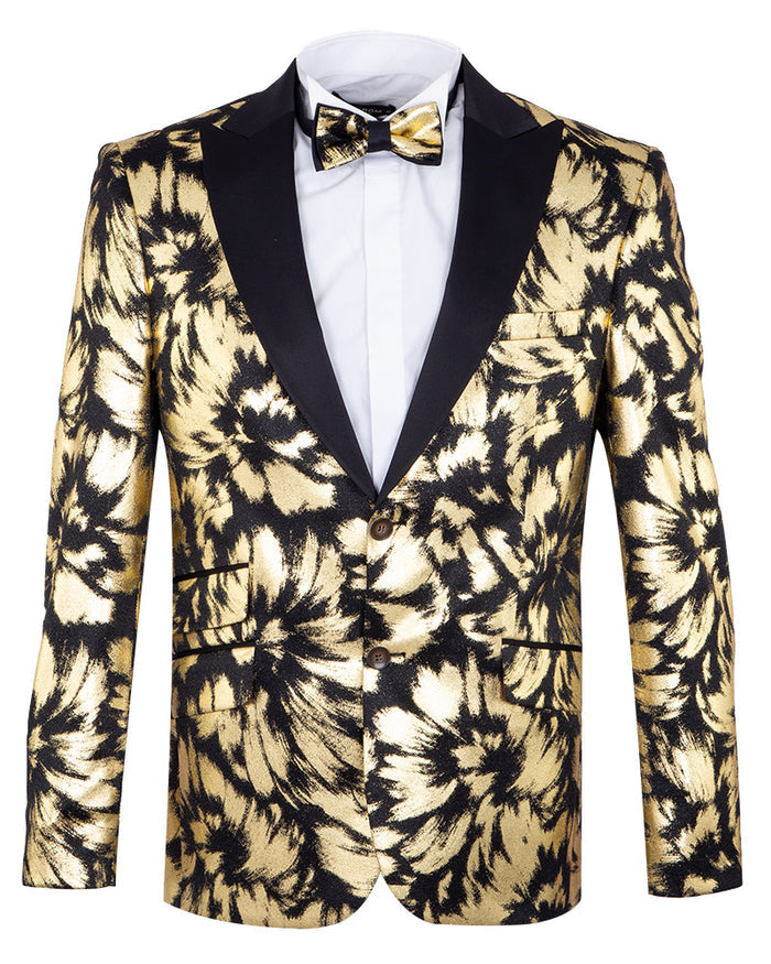 Gold Glitter Brush Print Blazer with Contrasting Lapel & Matching Bow Tie-Makrom