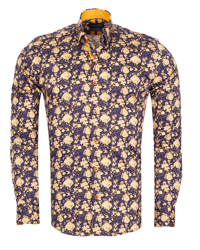 Gold Rose Print Shirt with Matching Handkerchief-Makrom