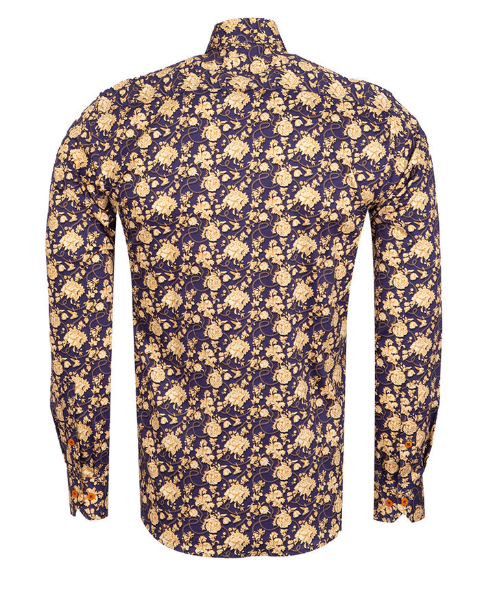 Gold Rose Print Shirt with Matching Handkerchief-Makrom