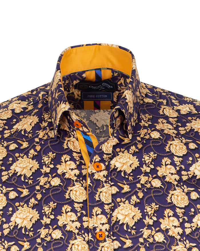 Gold Rose Print Shirt with Matching Handkerchief-Makrom