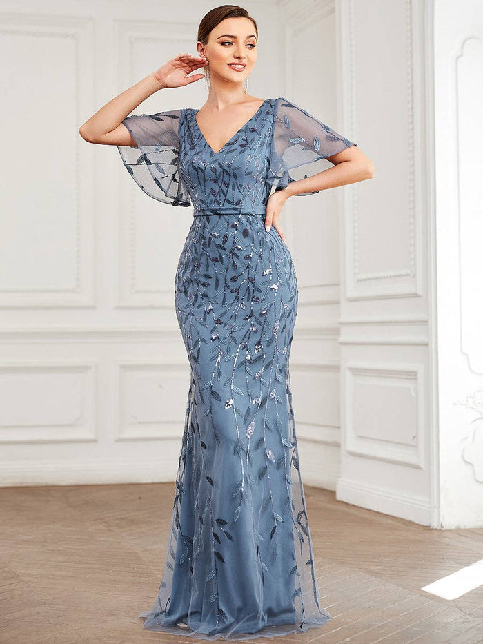 Gorgeous Leaf-Sequined Evening Dress