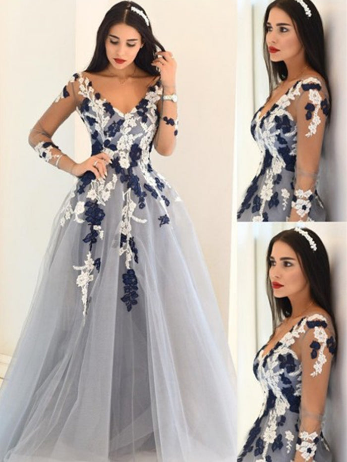 Gray Long Sleeves Long Lace Prom Dresses, Long Sleeves Lace Formal Graduation Evening Dresses