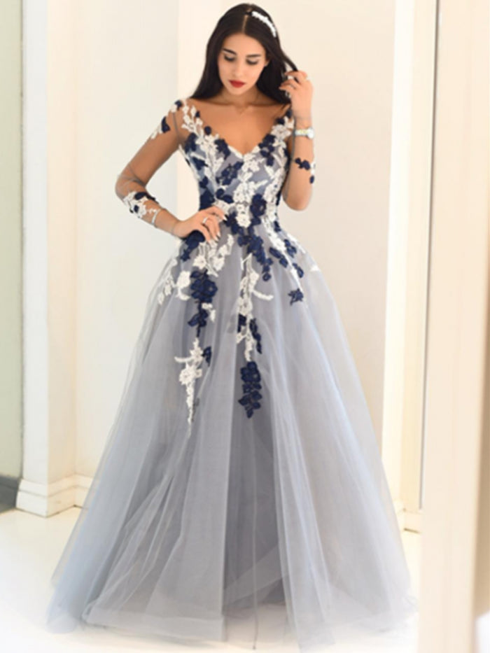 Gray Long Sleeves Long Lace Prom Dresses, Long Sleeves Lace Formal Graduation Evening Dresses