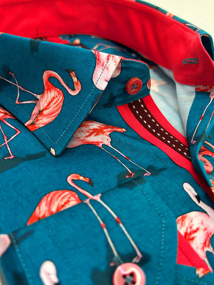 Green Flamingo Print Men's Shirt with Matching Handkerchief-Makrom