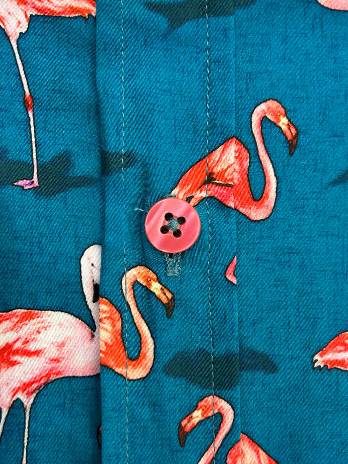 Green Flamingo Print Men's Shirt with Matching Handkerchief-Makrom