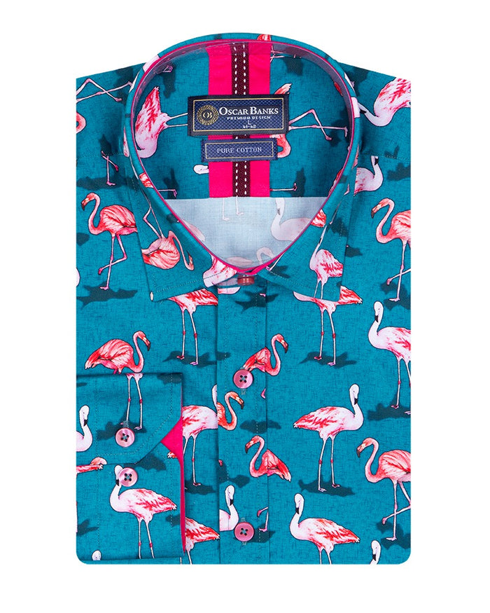 Green Flamingo Print Men's Shirt with Matching Handkerchief-Makrom