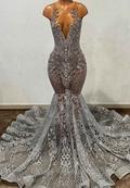 Grey Sparkly Appliques Sheer Beaded Mermaid Prom Dress for Black Girls