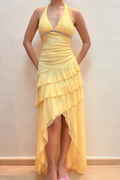 Halter V-Neck Beaded Ruffles Chiffon Sleeveless Prom Dress