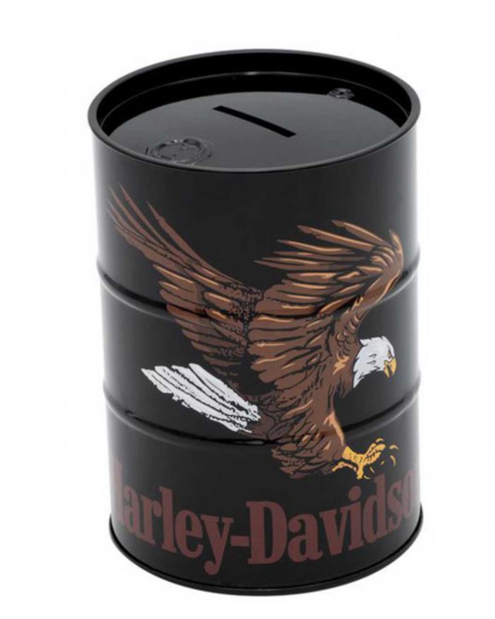 Harley-Davidson® Swooping Eagle Oil Barrel Tin Bank w/ Removable Lid - Black