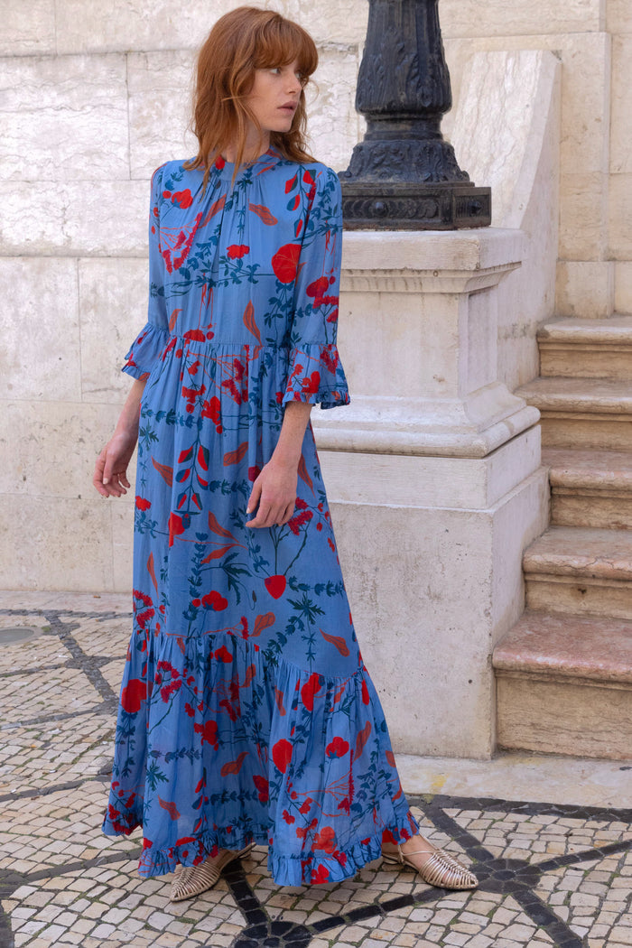 High Neck Bell Maxi- Bartram Blue