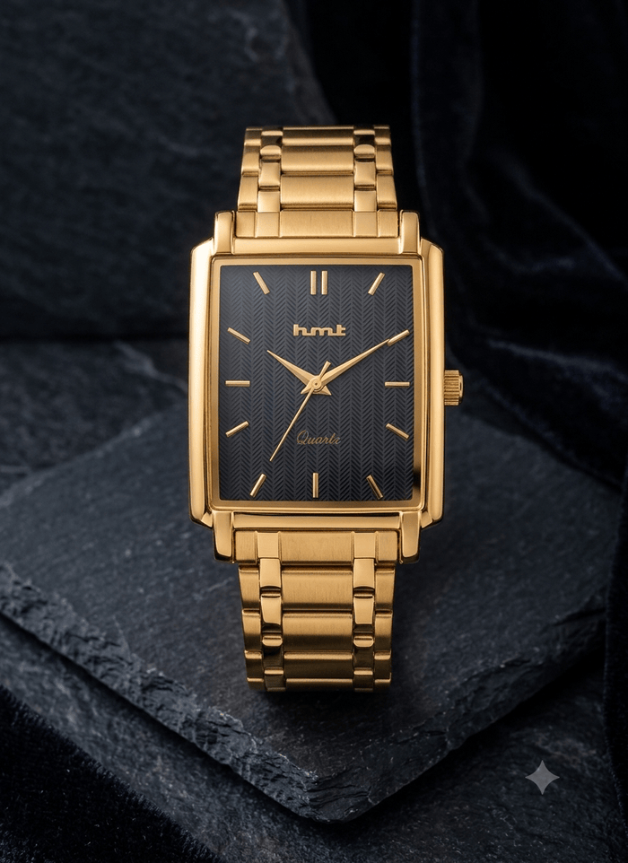 HMT Quartz Rectangular Gold-Tone Men's Watch with Textured Black Dial - Ashoka Watch Company