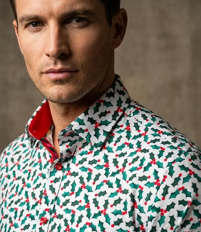 Holly Leaf Print Shirt with Matching Handkerchief