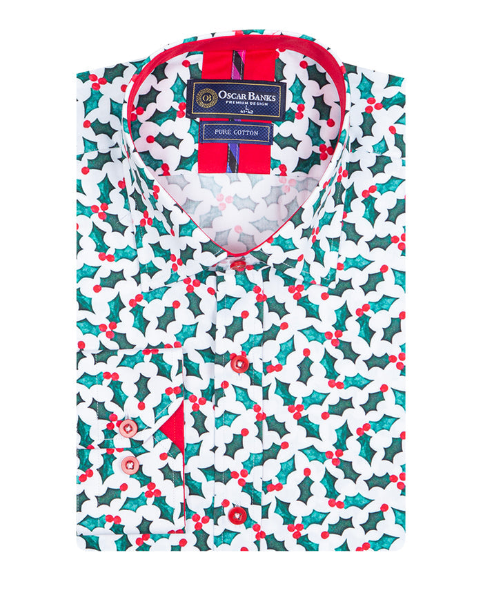 Holly Leaf Print Shirt with Matching Handkerchief-Makrom
