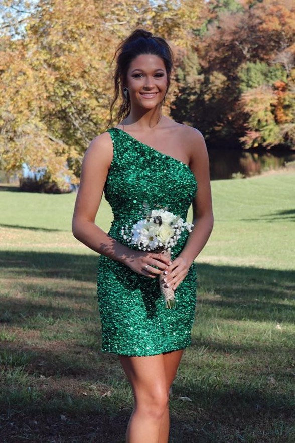 Hot Pink Sequins One Shoulder Bodycon Mini Dress
