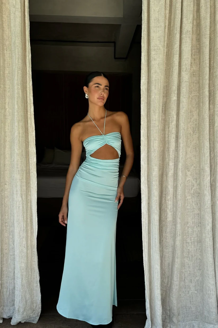 Hot Sheath Halter Neck Teal Long Party Dress with Keyhole