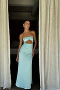 Hot Sheath Halter Neck Teal Long Party Dress with Keyhole