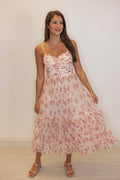 Pink floral sheer overlay event midi dress