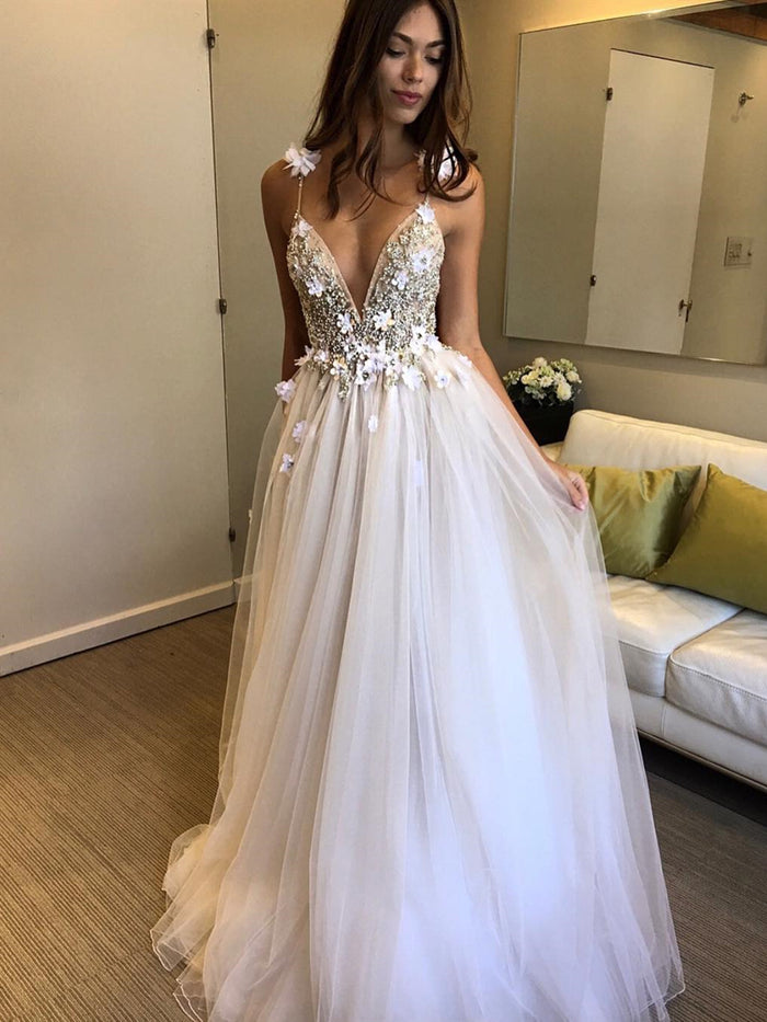 Ivory V Neck Backless Beaded Wedding Dresses with 3D Flowers, Ivory Backless Floral Prom Dresses Evening Dresses