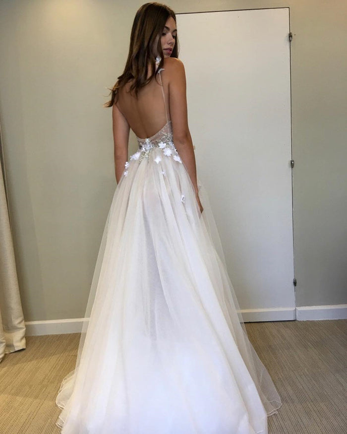 Ivory V Neck Backless Beaded Wedding Dresses with 3D Flowers, Ivory Backless Floral Prom Dresses Evening Dresses
