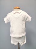 White knit baby boy outfit with vest.