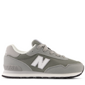 A pair of New Balance lace-up sneakers for kids in gray color with a mesh upper and a lightly padded footbed.