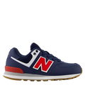 Navy blue and red sneaker with New Balance logo on a white background