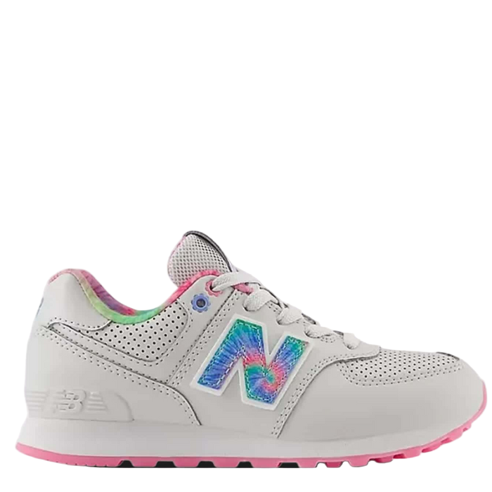White sneaker with colorful 'N' logo on a light gray background