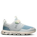A pair of kids' athletic shoes in blue and white colors with a no-fuss fastening system and rubber pads for durability.