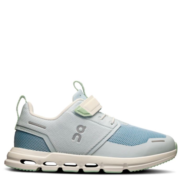 A pair of kids' athletic shoes in blue and white colors with a no-fuss fastening system and rubber pads for durability.