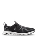 A pair of black athletic shoes designed for kids, featuring a lightweight and flexible construction with white accents and the 'On' logo.