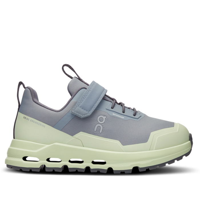A pair of gray and green Kids Cloudherro waterproof sneakers with lace-up closure and a Missiongrip outsole.