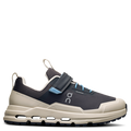 A pair of kids' waterproof shoes with a gray upper, blue accents, and a beige sole.